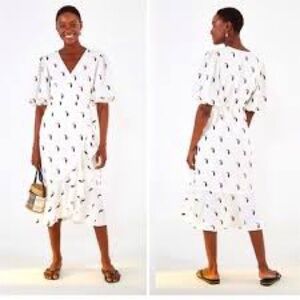 FARM Rio Toucan Embroidered Linen Wrap Midi Dress XS $358